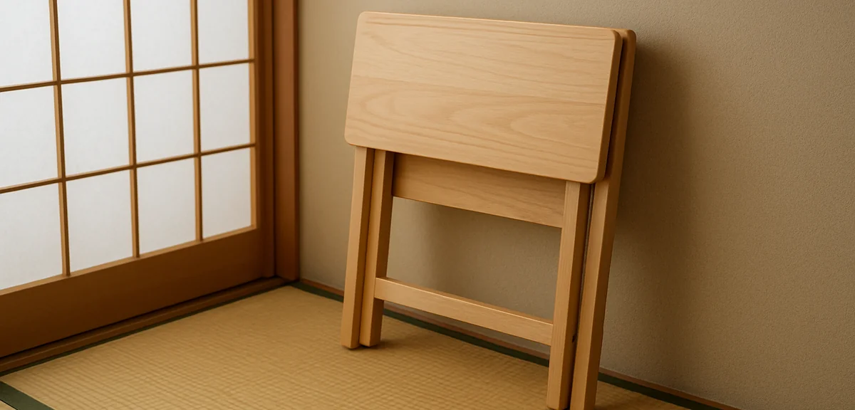 A compact folding low desk stored upright against the wall of a tatami room, showing how it can be p