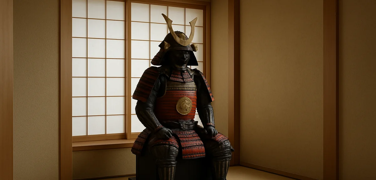 A japanese tatami room alcove with a samurai armour display set on a low stand, shoji screen behind