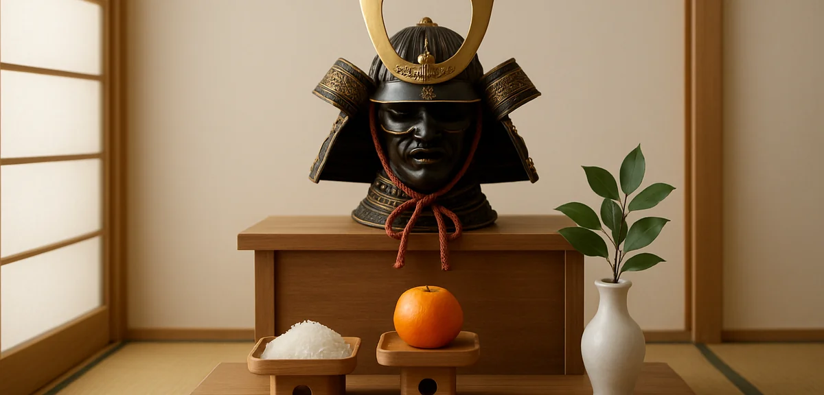A tiered display of a samurai helmet on the upper level with three ceremonial offerings arranged on
