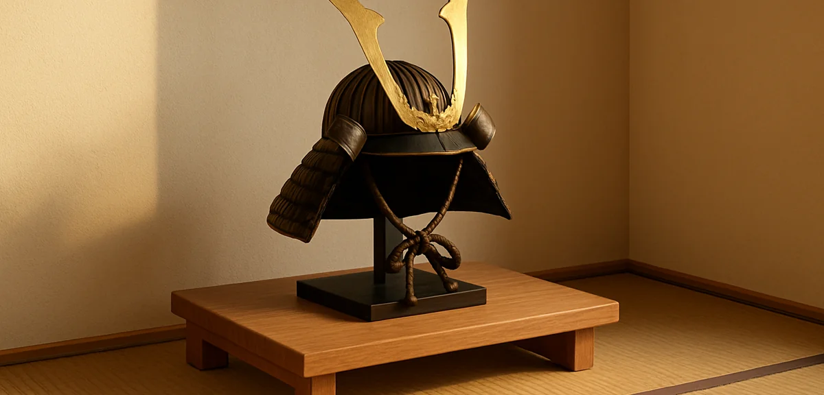 A low wooden display stand placed against the wall of a modern japanese style room holding a helmet