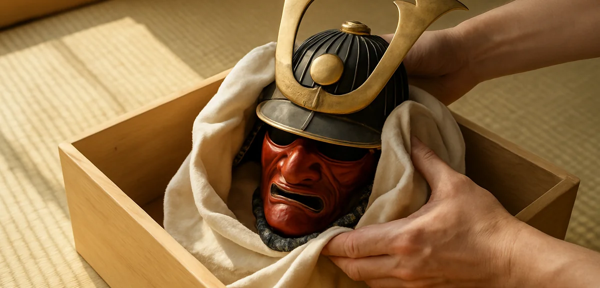 Hands wrapping a samurai helmet in soft cloth before placing it into a wooden storage box, tatami fl