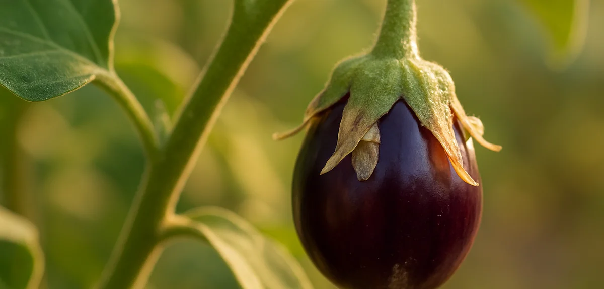 Faded flower petals stuck to the calyx of a small eggplant fruit on the plant, morning light, close