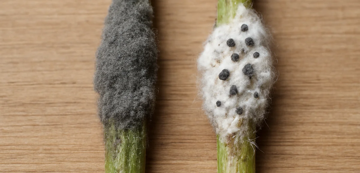 Comparison of two diseased plant stems side by side, one covered in gray dusty mold and one with whi