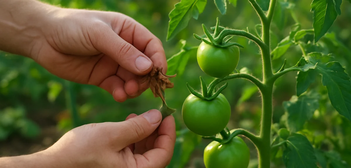 A gardener removing withered brown petals from a tomato truss with fingers, healthy green fruit near