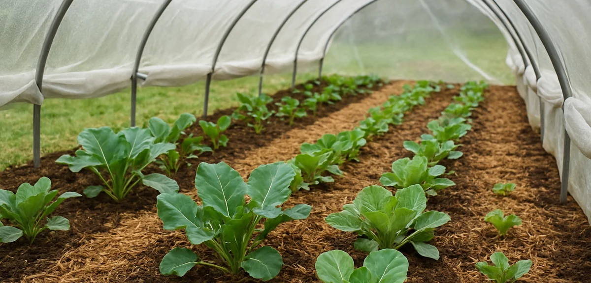 Vegetable plants under a rain shelter tunnel with the sides rolled up for ventilation, mulch coverin