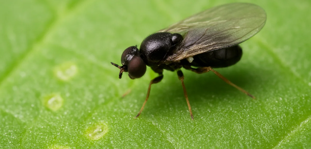 A tiny dark leafminer fly resting on a green leaf surface beside small pale feeding punctures, extre