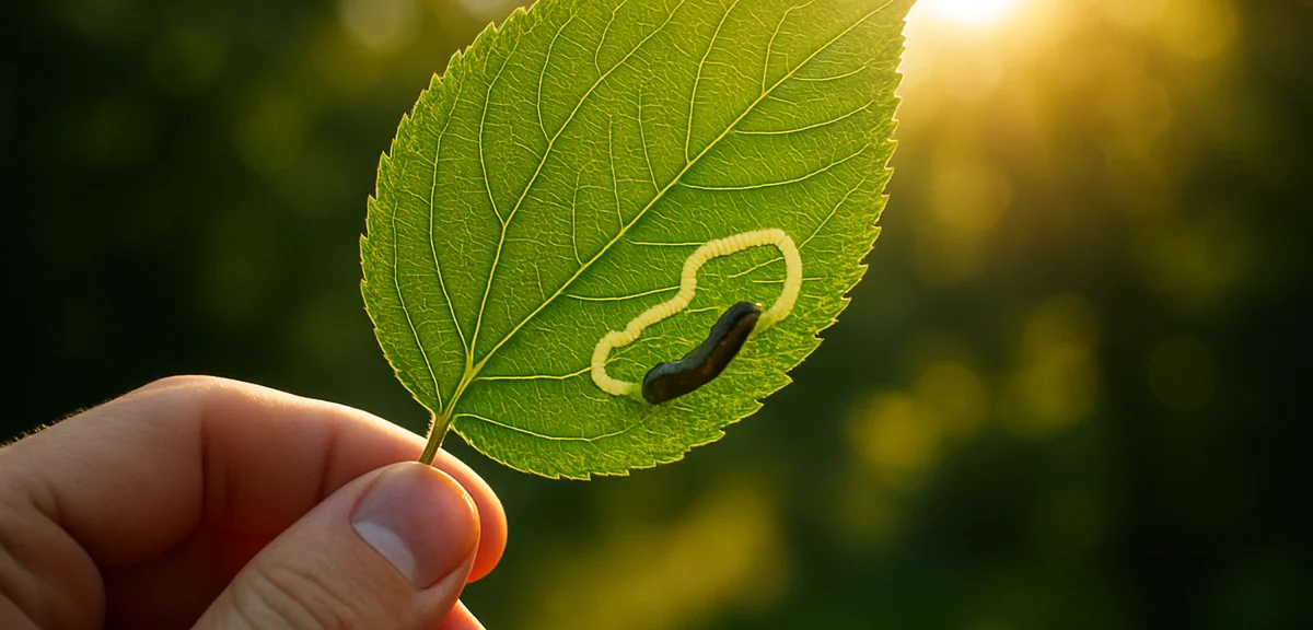A hand holding a leaf up against sunlight showing the dark larva at the end of a white mine trail, g