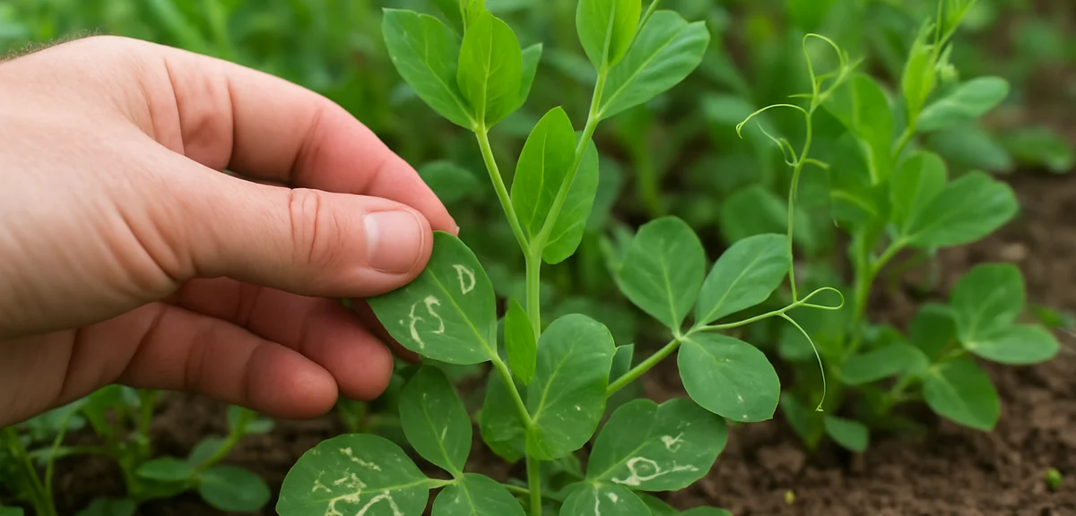 Pea plants in spring with a few white winding mine trails on lower leaves, healthy new growth above,