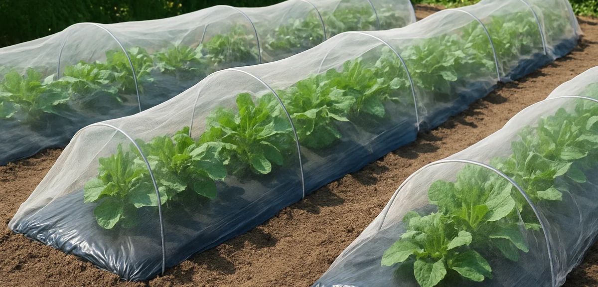 Vegetable rows covered with black plastic mulch and fine insect netting in a tidy home garden, preve