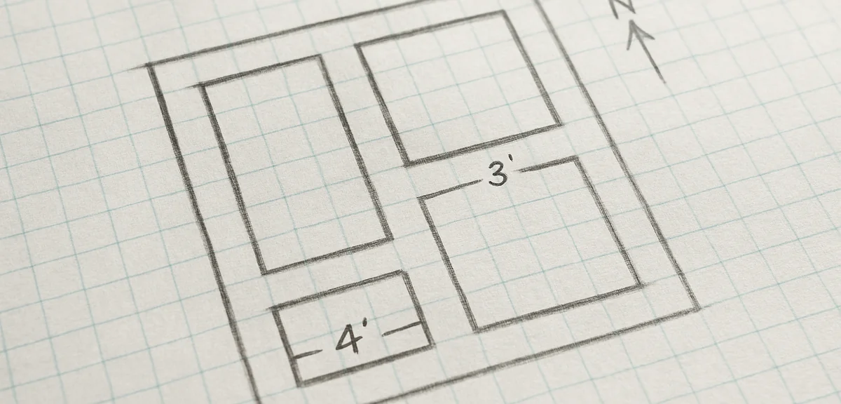A simple garden plan sketch on graph paper showing three rectangular beds with path widths and a nor