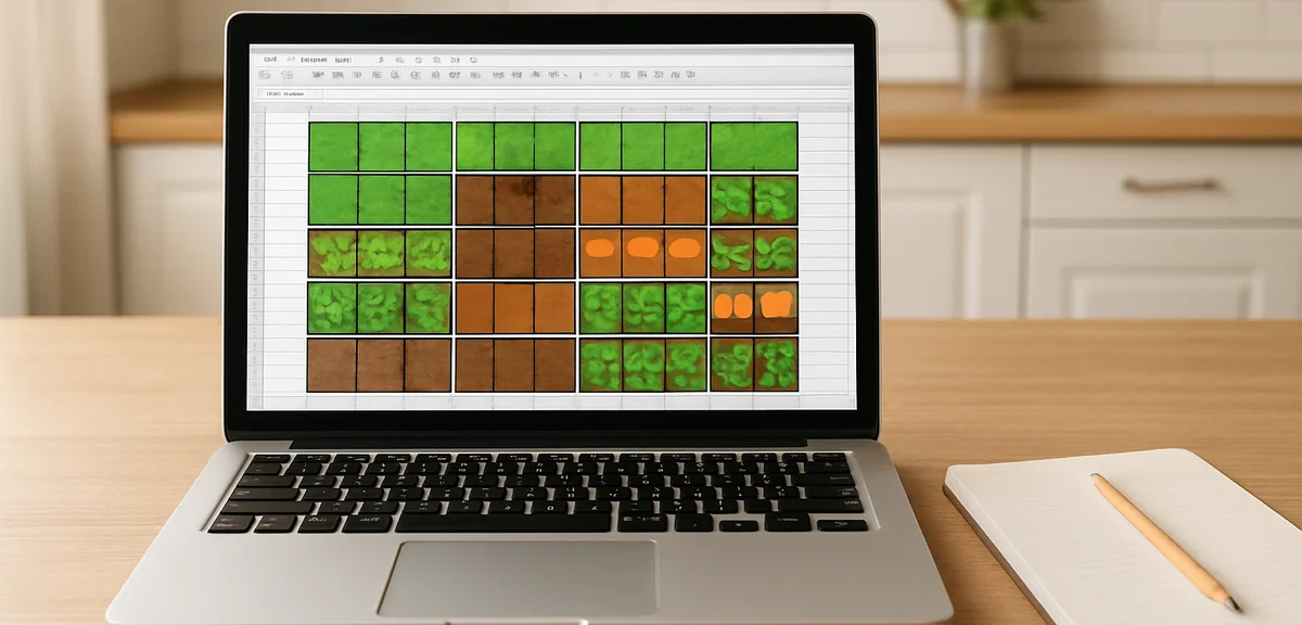 A laptop on a kitchen table showing a spreadsheet with square cells colored to represent garden beds