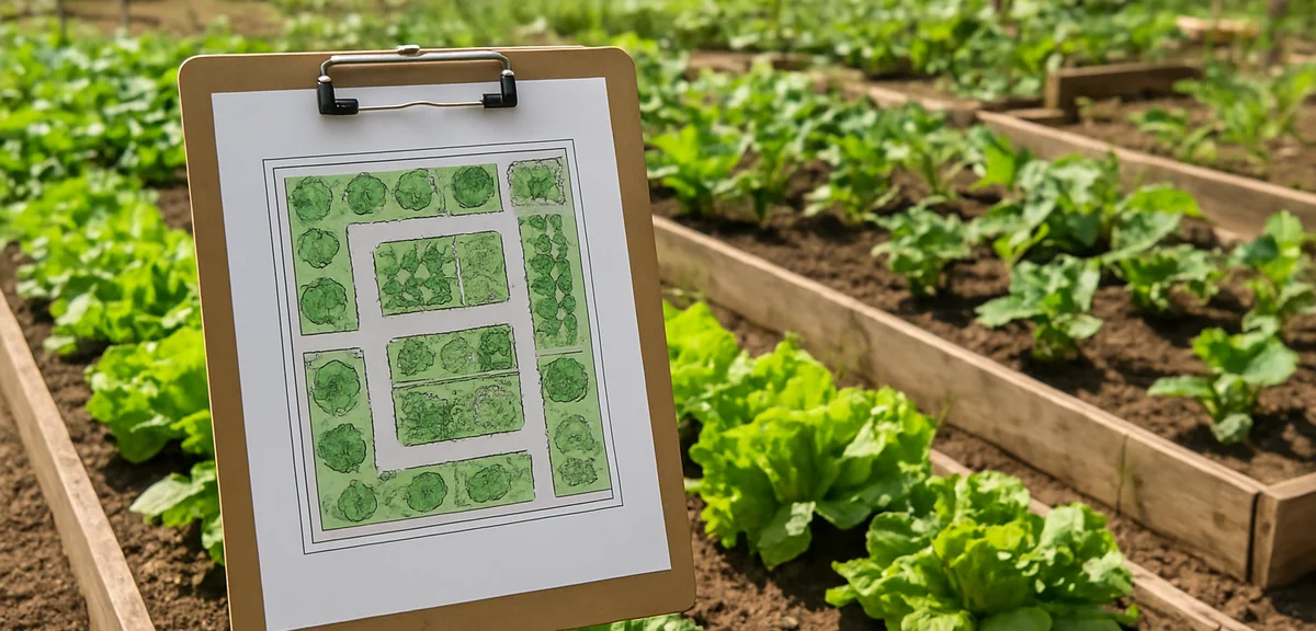 A printed garden layout plan clipped to a clipboard standing in a vegetable garden beside raised bed