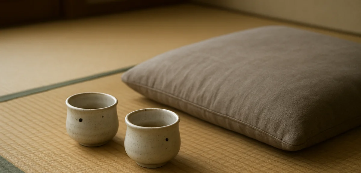 A small pair of handwarming braziers made of ceramic placed beside a floor cushion in a tatami room,