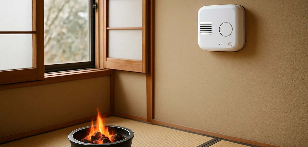 A Japanese room with a window left slightly open for ventilation next to a brazier, a carbon monoxid