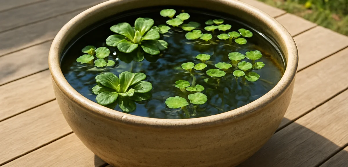 A ceramic brazier repurposed as a water garden with floating plants on a wooden deck outdoors, sunli