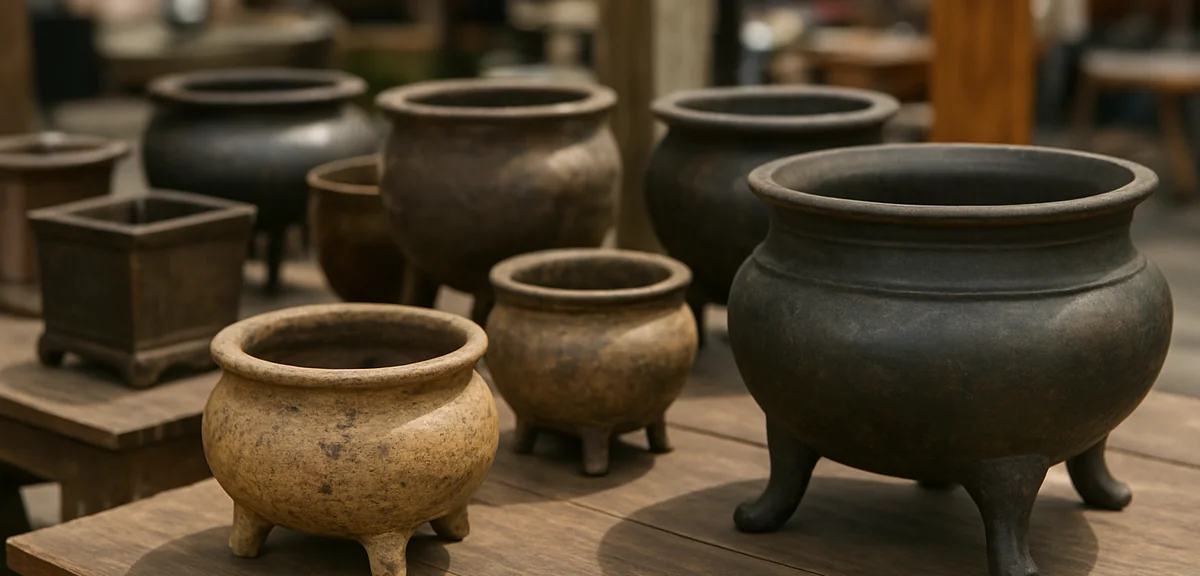 Several antique braziers of different sizes displayed at a japanese antique market, ceramic and wood