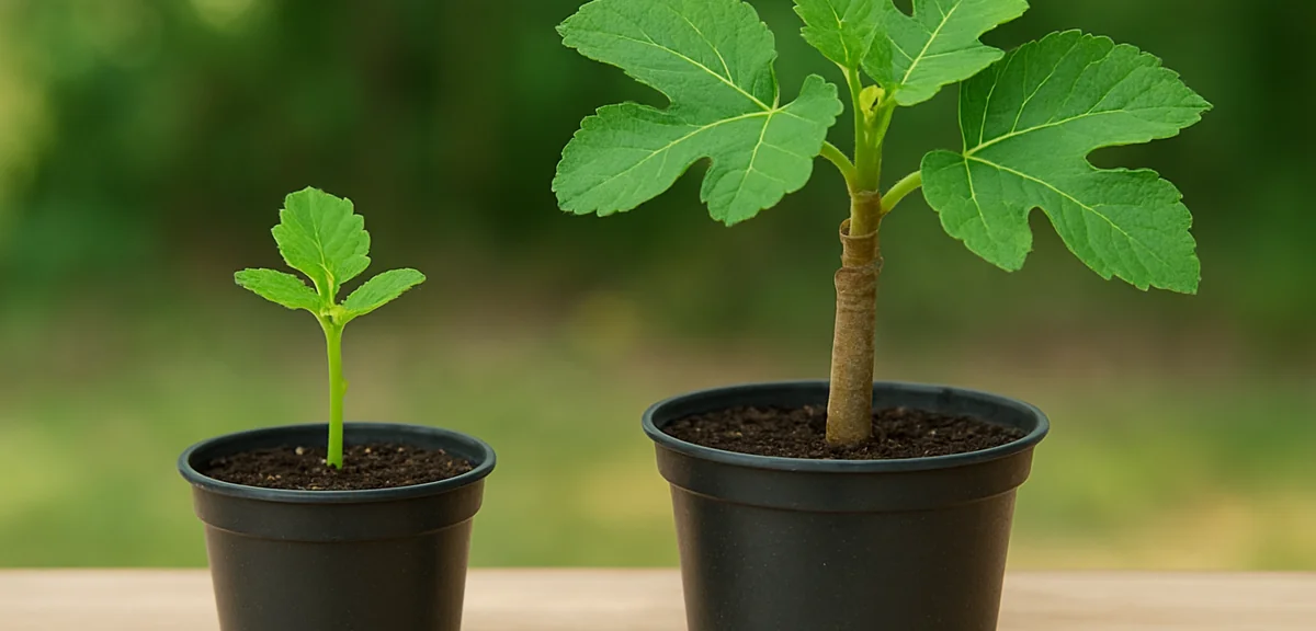 A young fig tree seedling in a pot next to an older two year old fig plant with thicker trunk, nurse