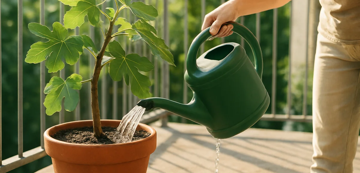 Watering a potted fig tree thoroughly until water drains from the bottom of the pot on a summer morn