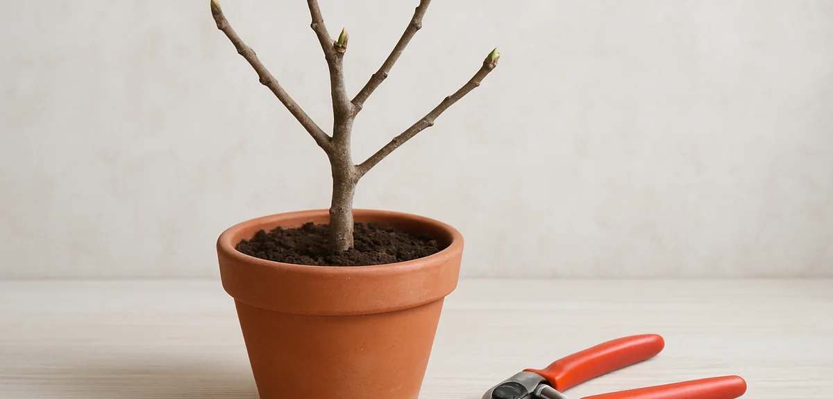 A dormant potted fig tree in winter with branches cut back leaving two or three buds on each shoot,