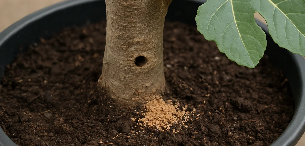 Close up of a fig tree trunk base in a pot showing a small bore hole and fine sawdust frass on the s
