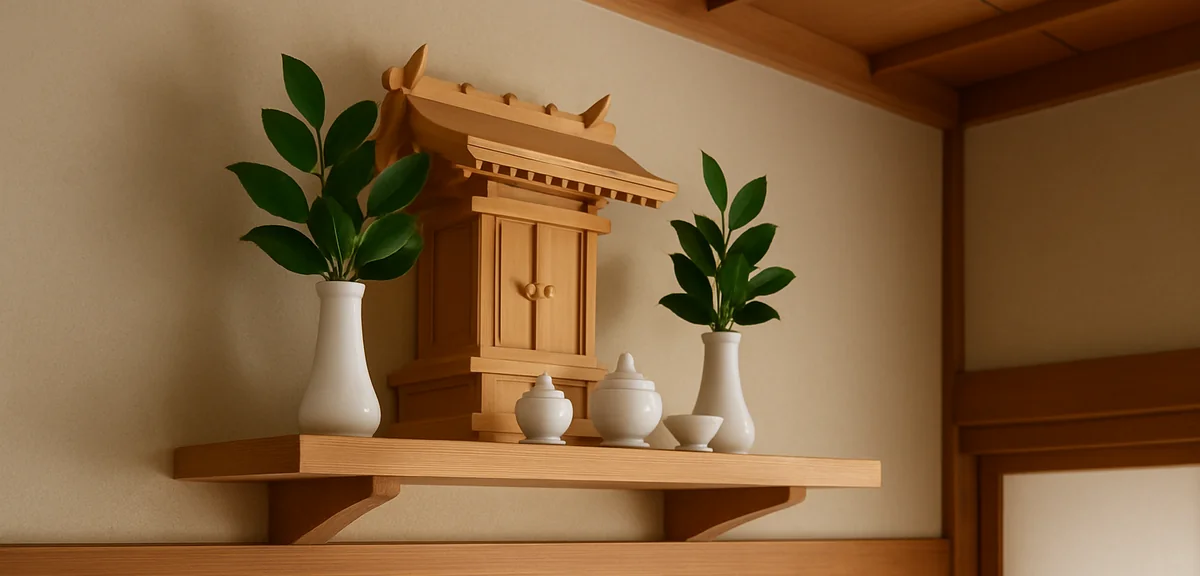 A household shinto altar shelf placed above a lintel in a traditional Japanese room, viewed from bel
