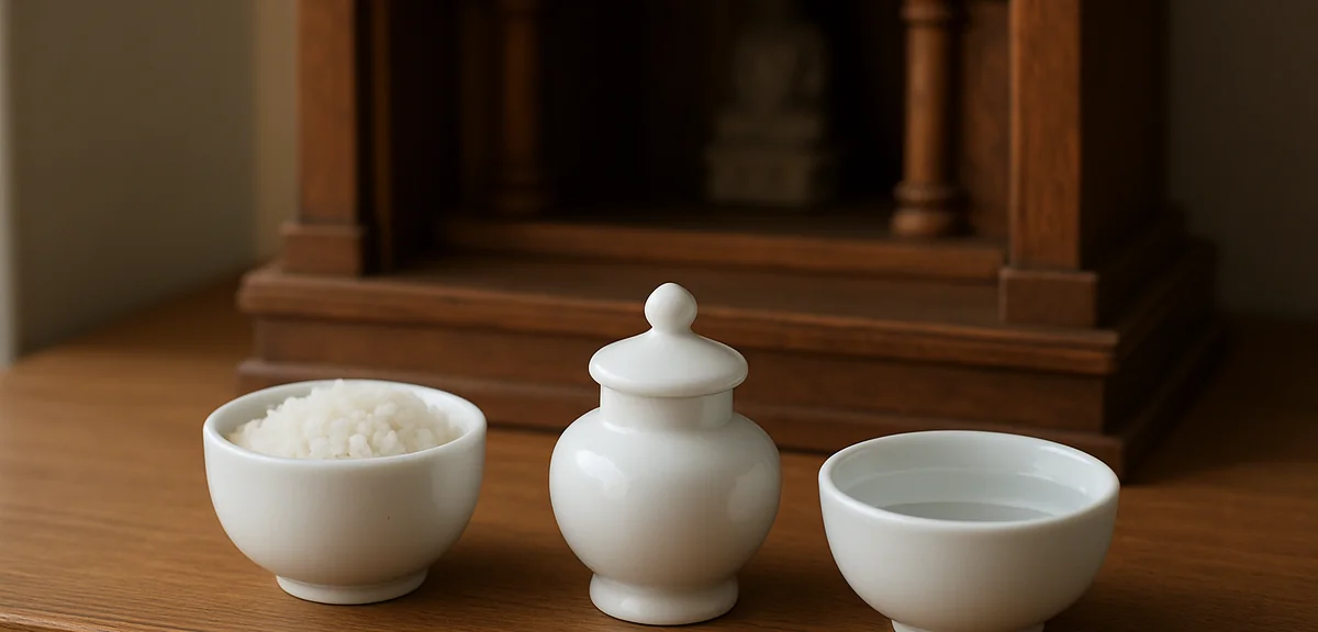 Close up of small white ceramic offering vessels with rice salt and water arranged on a wooden shelf