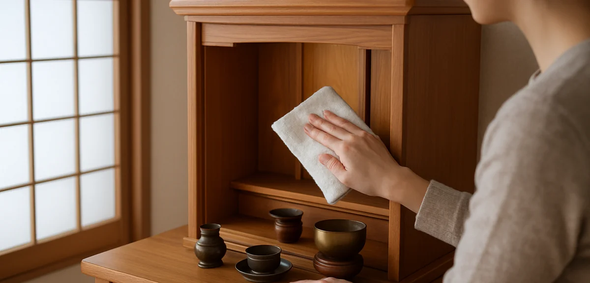A person carefully wiping a wooden household altar shelf with a clean cloth during year end cleaning