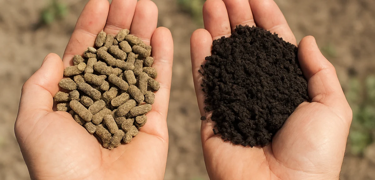 Comparison of granulated chicken manure pellets and dark crumbly compost side by side in two hands, 