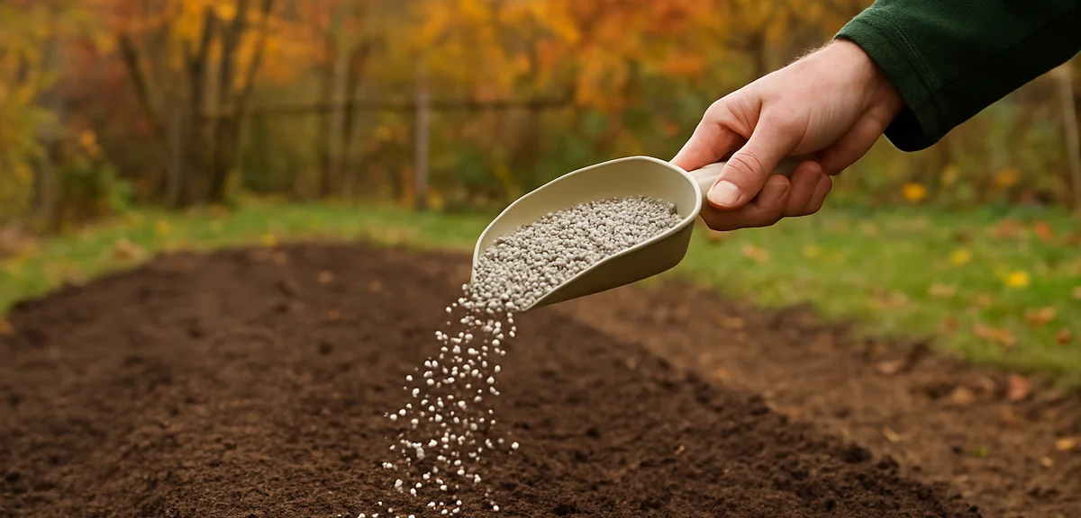 A gardener spreading granular fertilizer over a prepared vegetable bed with a hand scoop two weeks b