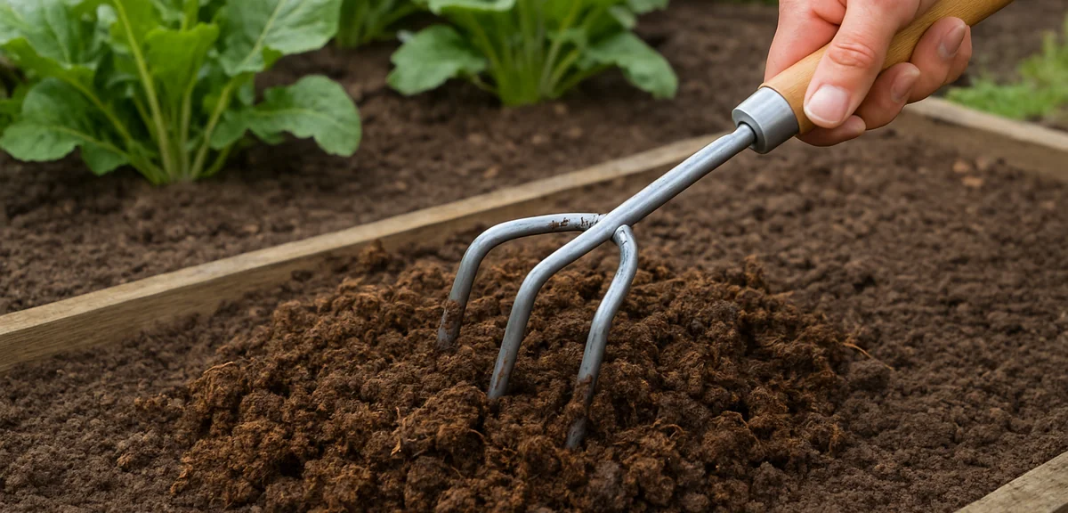 Chicken manure fertilizer being mixed into the top layer of garden soil with a hand cultivator immed