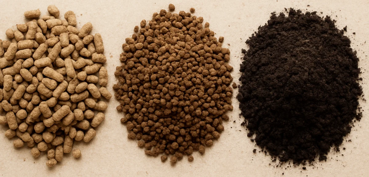 Three types of poultry manure products in separate piles showing dried pellets, fermented granules a