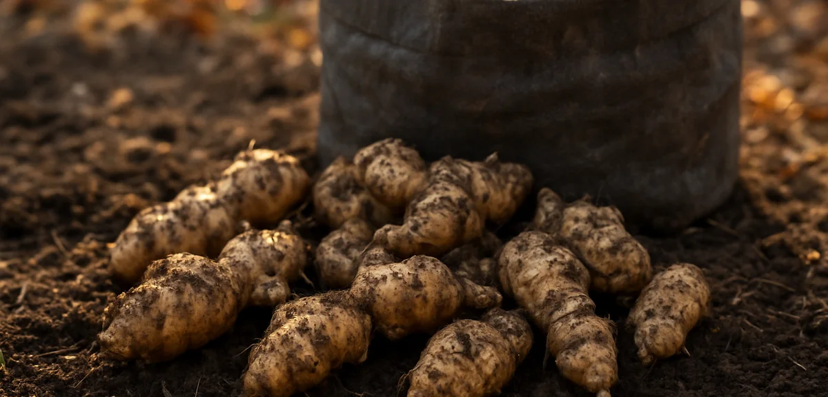 Knobby Jerusalem artichoke tubers freshly dug from a large fabric grow bag, soil still attached, spr