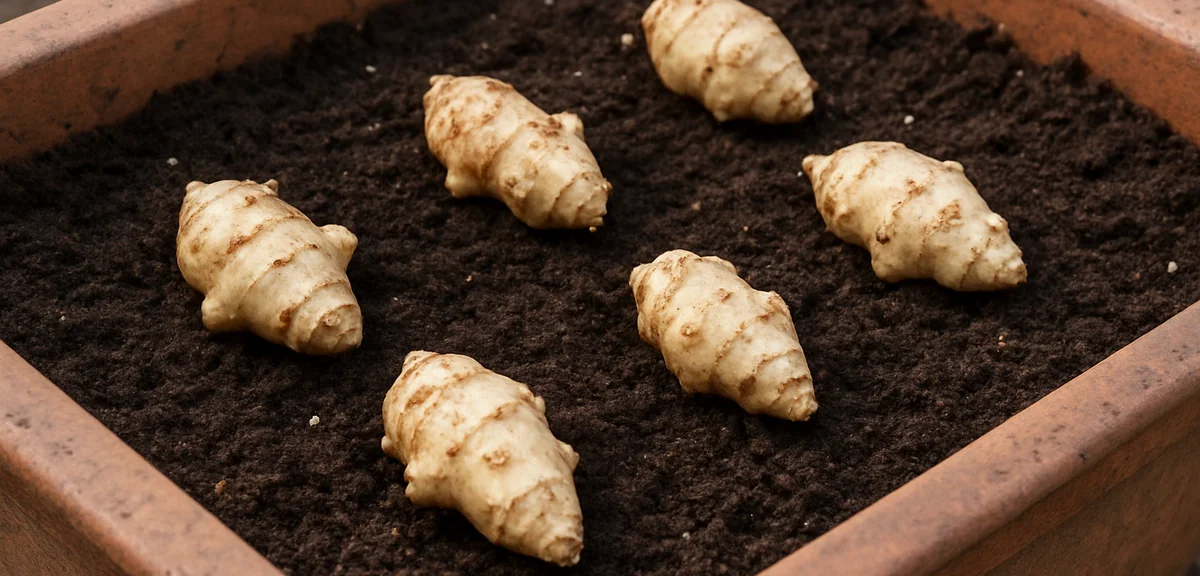 Jerusalem artichoke seed tubers laid on potting soil in a large planter before being covered, spaced