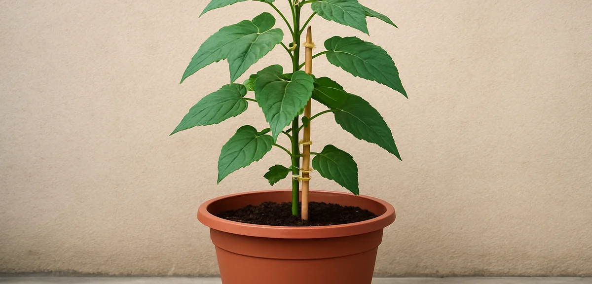 A tall Jerusalem artichoke plant tied to a sturdy bamboo stake with twine in a large planter, protec