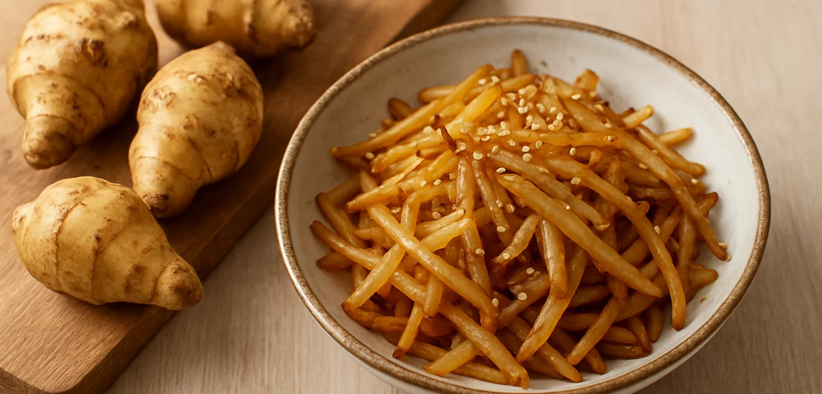 Thinly sliced Jerusalem artichoke stir fried as kinpira in a small bowl beside raw scrubbed tubers o