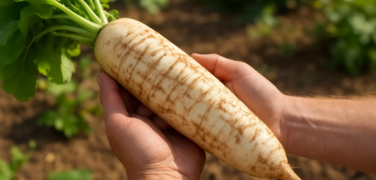 A harvested daikon radish with brown net like scarring on its white surface, held in hands over a ga