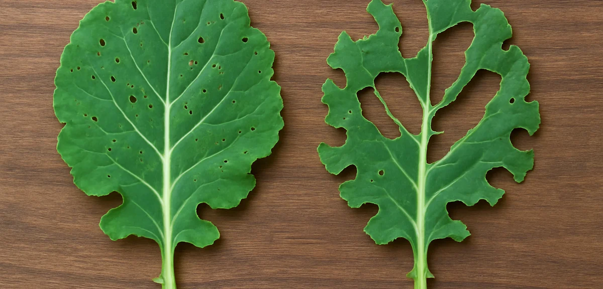 Comparison of two brassica leaves side by side, one with many tiny pinholes and one with large ragge