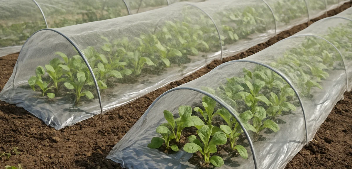 Rows of daikon seedlings covered with fine insect netting over hoops with silver reflective mulch on