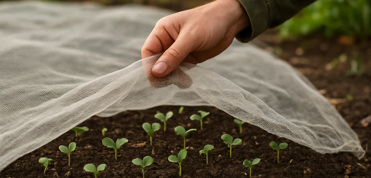 A gardener lifting the edge of insect netting to thin seedlings in an autumn vegetable bed, keeping 