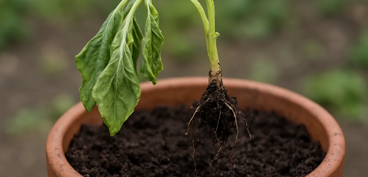 A wilted vegetable plant lifted from a planter showing almost no remaining roots, soil still moist,