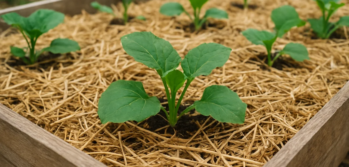 Straw mulch covering the soil surface around vegetable plants in a planter to prevent beetles from l