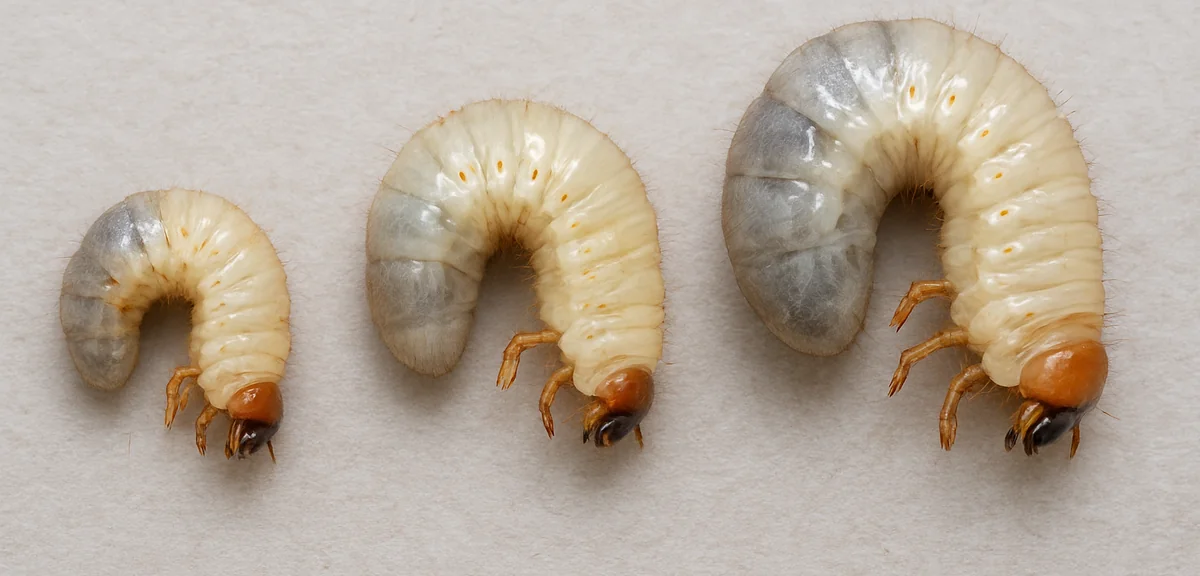 Comparison of three white grub larvae side by side showing size differences and body shapes, educati