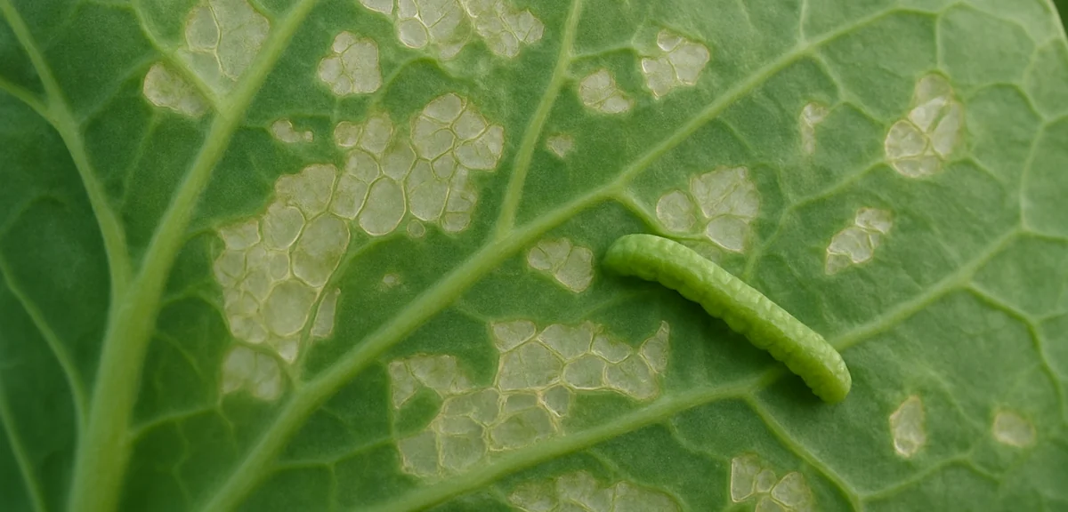 Underside of a green cabbage leaf showing pale translucent feeding scars where only the upper epider