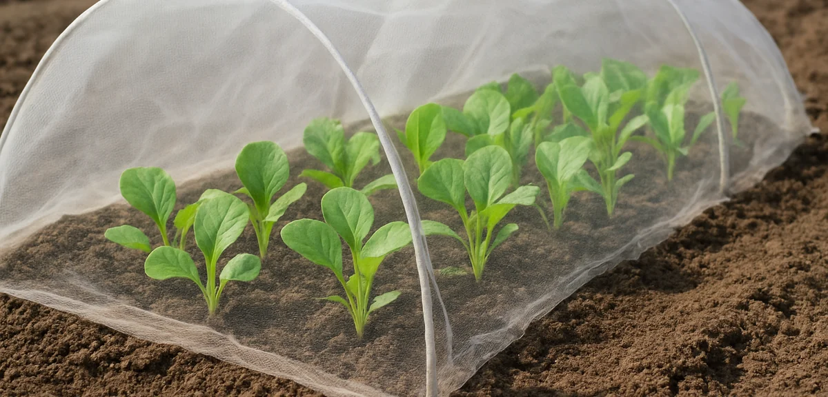 A row of komatsuna seedlings covered by a fine mesh insect net stretched over hoops with the edges b