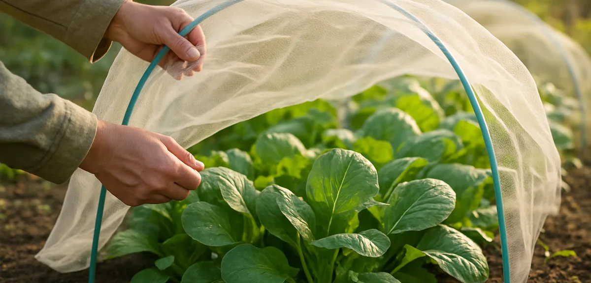 Hands lifting an insect net to check komatsuna leaves in a home vegetable garden, additional support