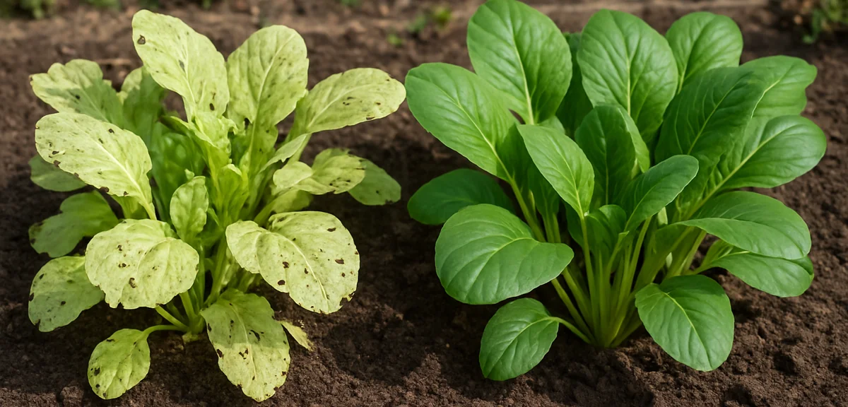 Comparison of two small komatsuna plots side by side, one with damaged pale leaves and one with clea