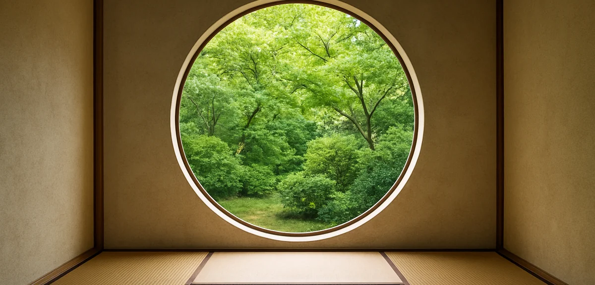 A round window cut into a plastered wall of a Japanese tatami room, framing green garden foliage out