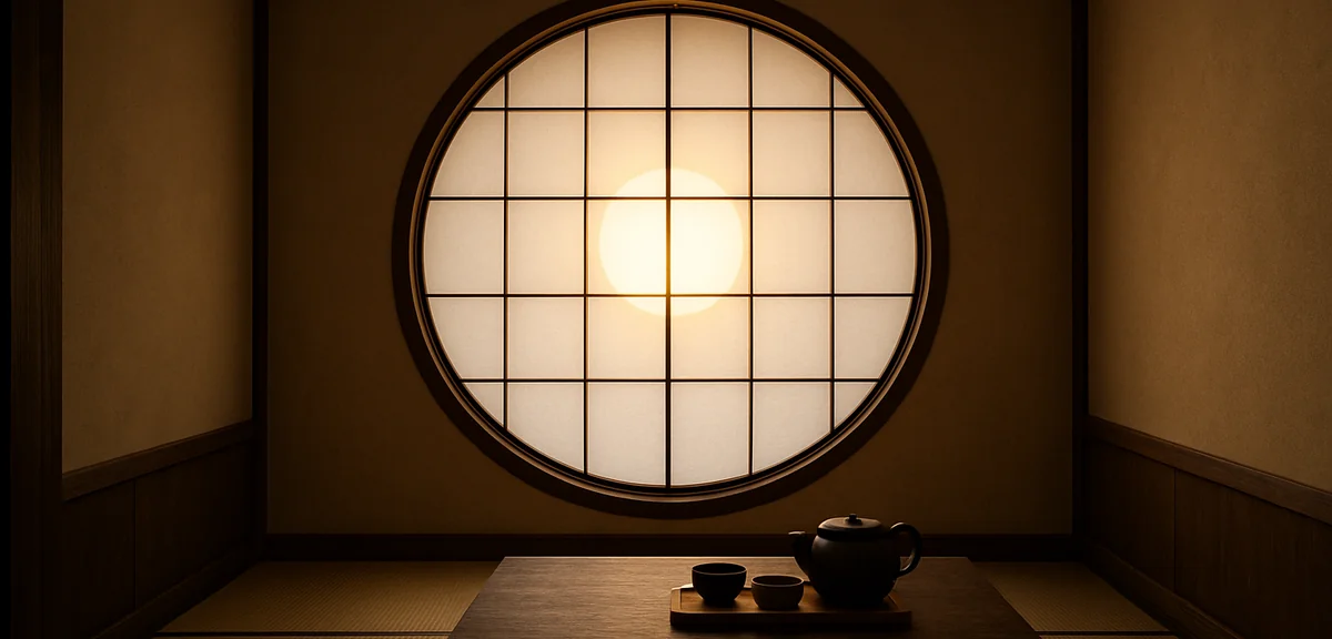 A large circular window with a paper shoji screen inside a small traditional tea room, round glowing
