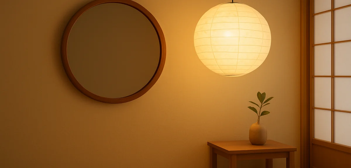 A round wooden framed mirror and a spherical washi paper pendant lamp in a modern Japanese tatami ro