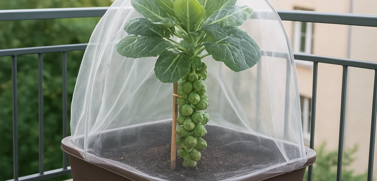 A tall brussels sprout plant tied to a stake in a deep planter, covered with fine insect netting on 